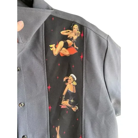 Vintage Steady Last Call Men's Shirt M Short Sleeve Gray Button Pinup Girls - Picture 4 of 12